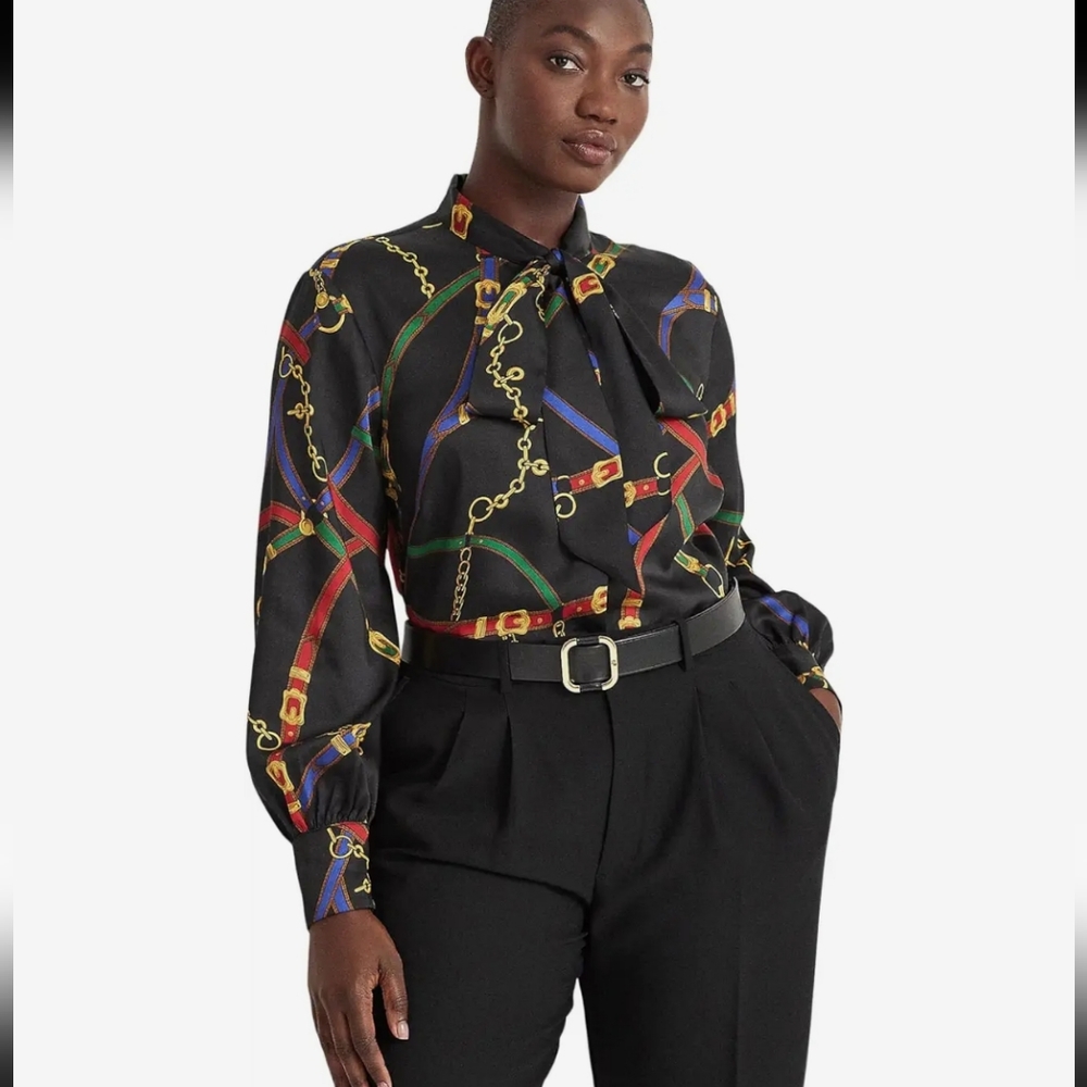 Lauren Ralph Lauren Belting Print Twill Tie-Neck Blouse